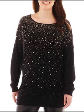 Worthington Black Boatneck Tunic Sweater with Rose Gold Metallic Studs- Size PS